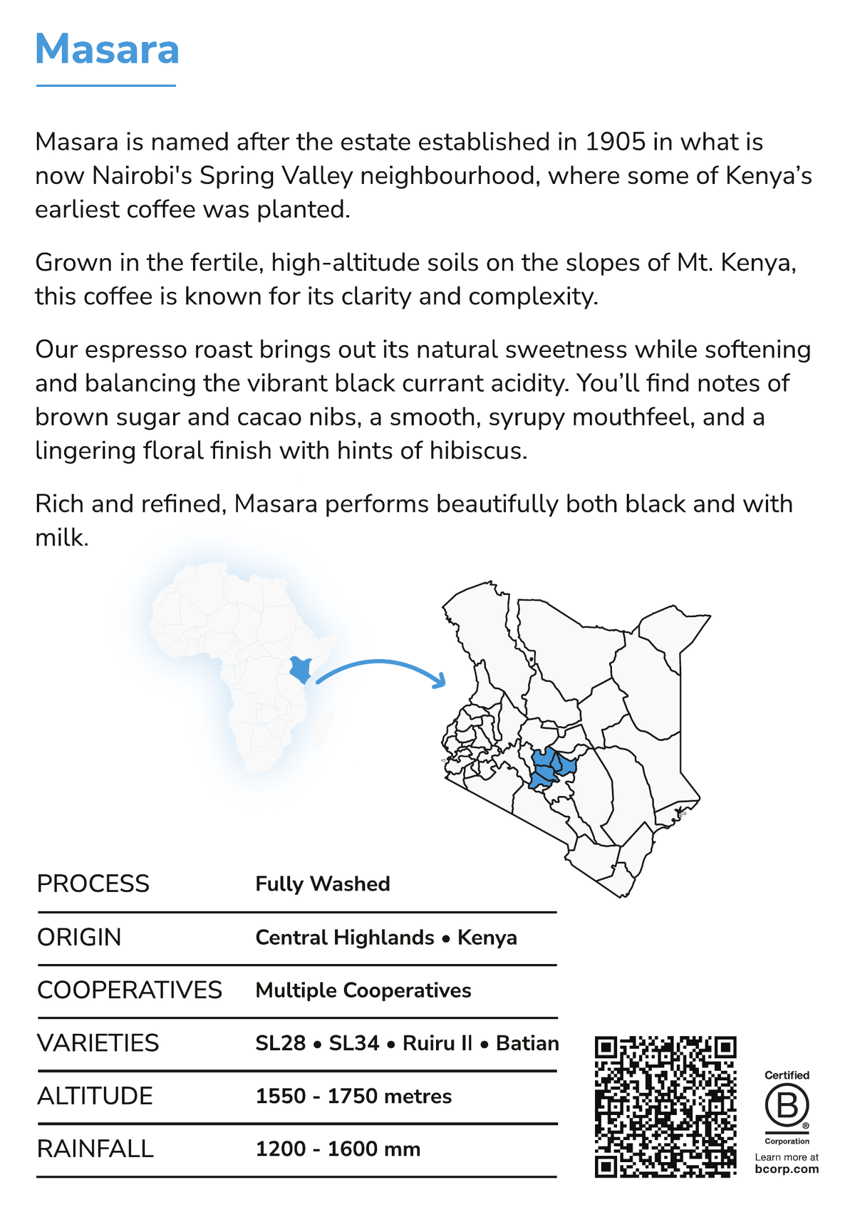 Espresso (Masara) info card — farm story and coffee details