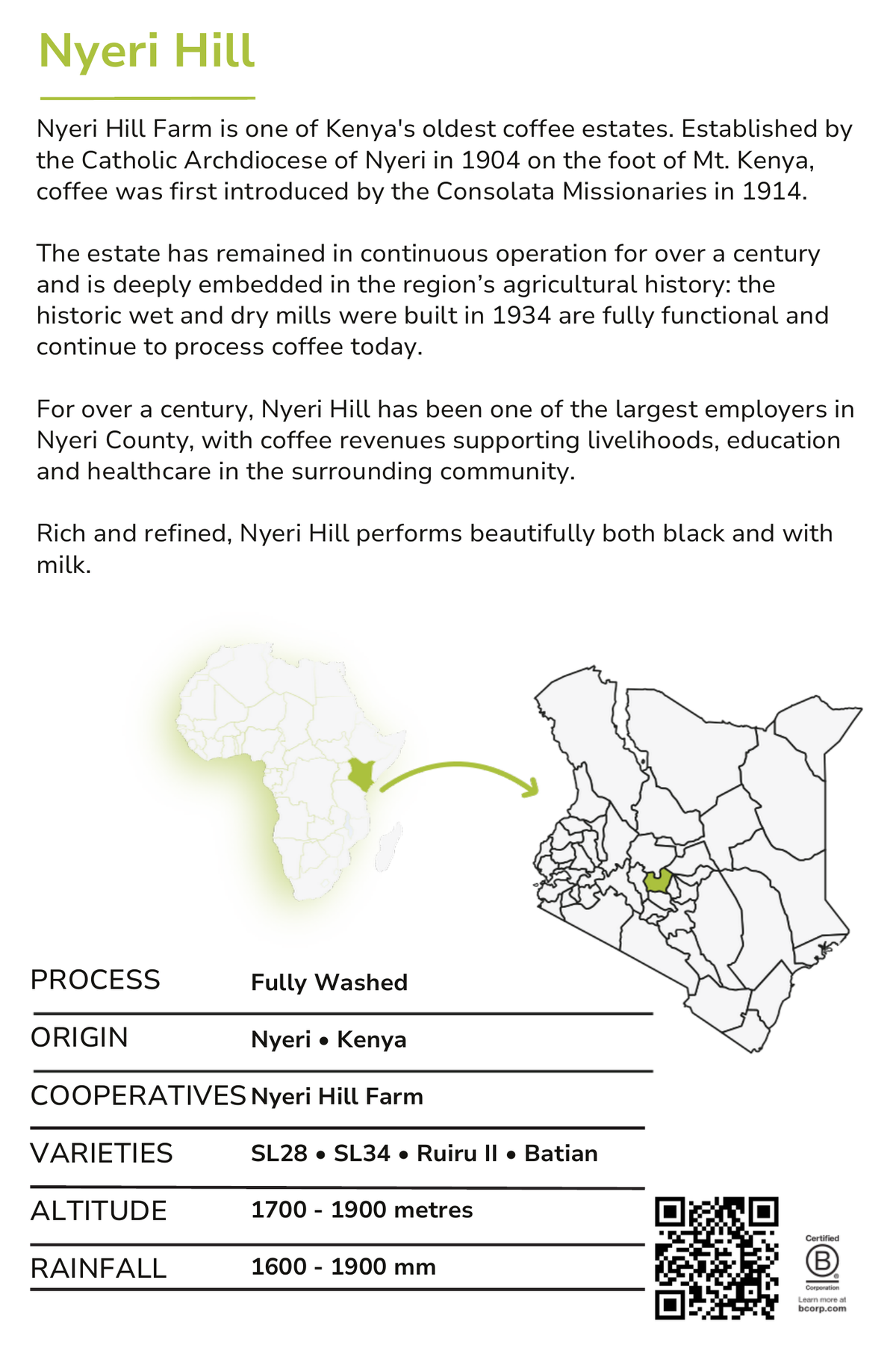 Nyeri Hill info card — farm story and coffee details
