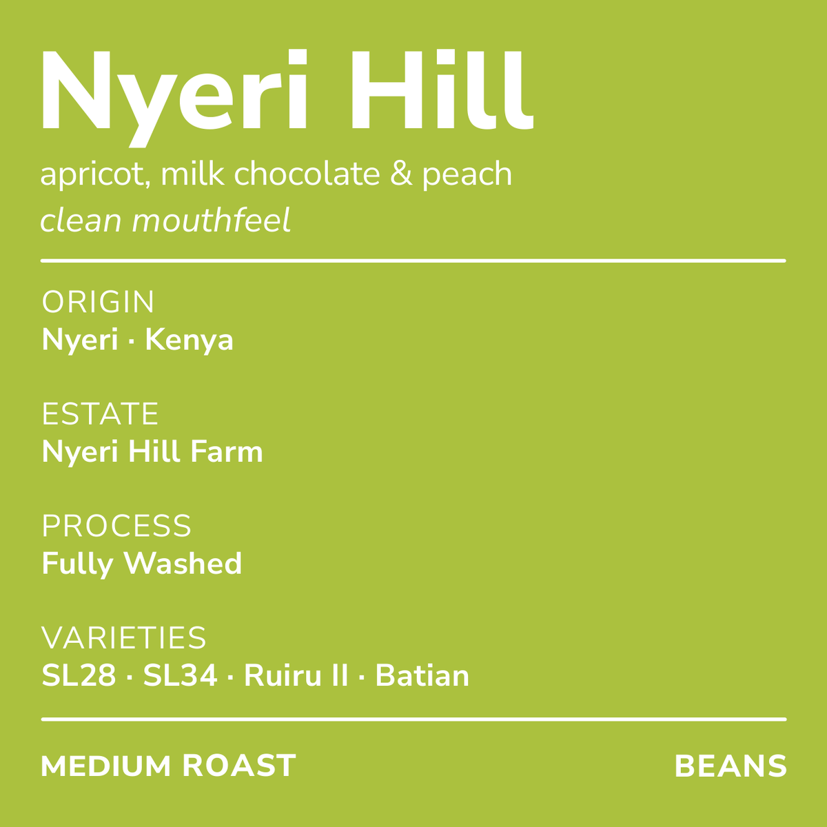 Nyeri Hill bag label — origin, process and varieties